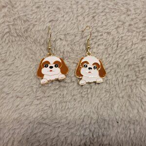 Shih Tzu Earrings One Pair Gold Tone Brown White Hanging Dangle Fish Hook E20E